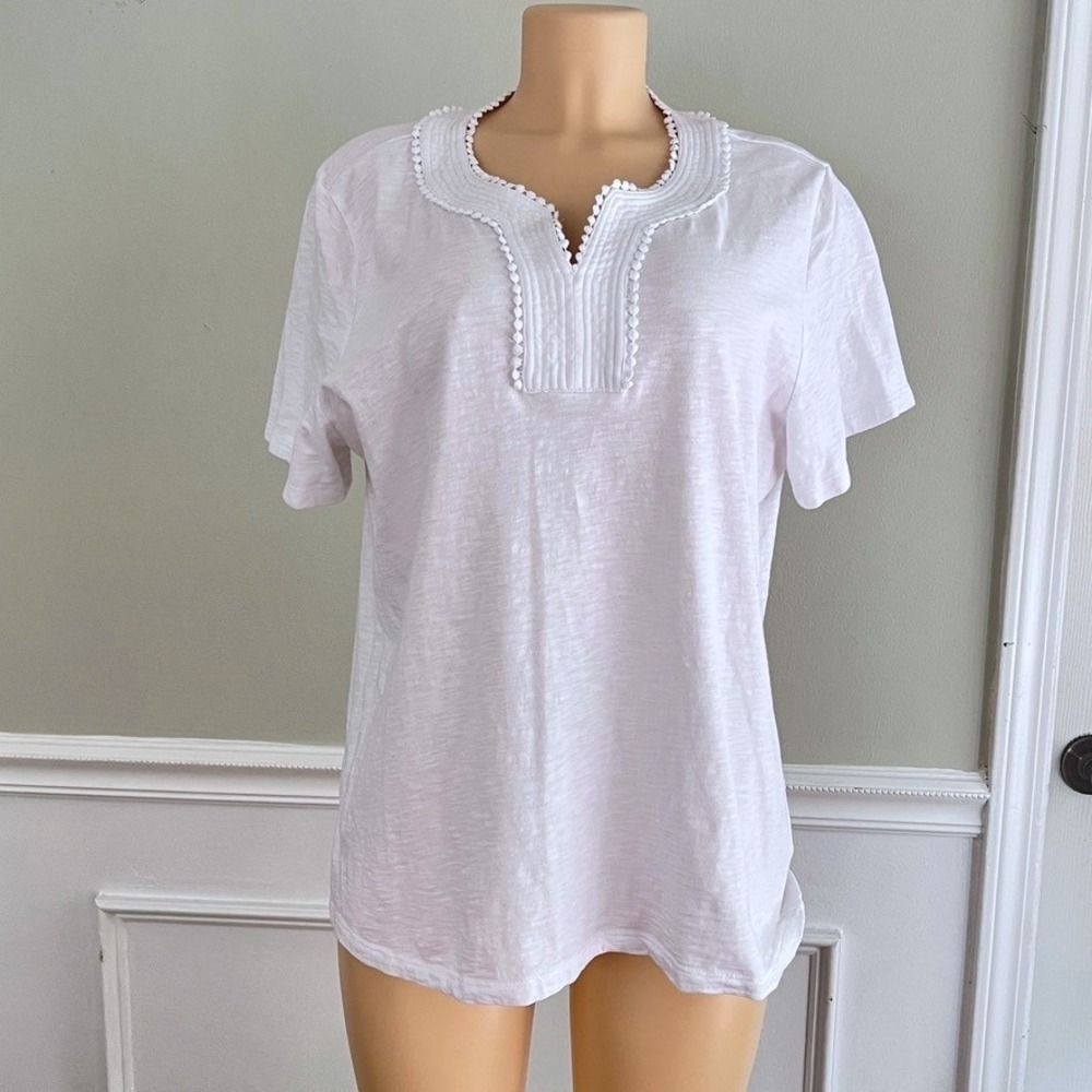 Coral Bay T-Shirt Womens XL Pom Pom Trim Pintuck Notch Neck White Slub Cotton